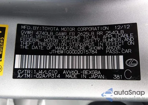 2013 Lexus Es 300H from USA, damaged, VIN JTHBW1GG0D2015784